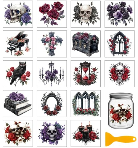GLOBLELAND 18 Blatt Gothic Rosen Transferaufkleber 3.9x3.6 Zoll Gothic Skelett Zum Aufreiben Bunter Aufkleber Für Möbel Vasen Glas Einmachgläser Dekorationen Kunsthandwerk
