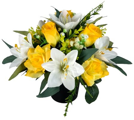 Artificial Flowers for Grave in Pot - White Lilies Yellow Roses Rosebud & Mini-Roses Memorial Arrangement