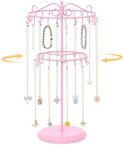 EsLuker.ly Kettenständer Kettenhalter Schmuck Schmuckständer Ketten Halsketten Aufbewahrung, 2-stufig Höhenverstellbar Kettenaufbewarung Schmuck Aufhänger Necklace Holder Organizer Drehbarer, Rosa