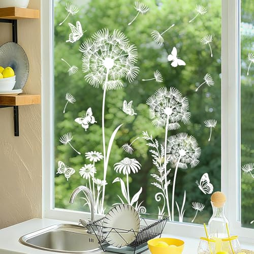 Tanlaby Weiß Pusteblume Fensterbilder Schmetterling Fenstersticker Selbstklebend