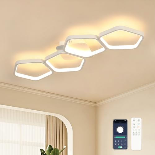 Kuwork LED Deckenleuchte Wohnzimmer 81cm, 48W Dimmbar 3000K-6500K, 4-Flammig Geometrisches Design, Fernbedienung & App, Nachtlicht, Memory-Funktion, Moderne Deckenlampe, Weiß