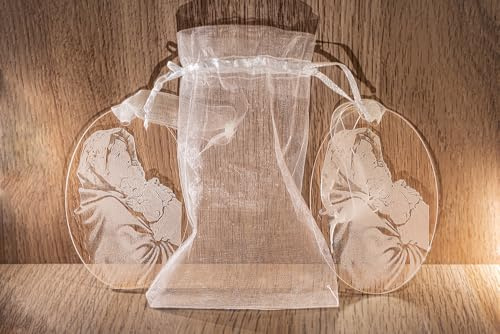 Medaillon Jungfrau Maria mit Jesuskind (2 Stück) – Geschenk zur Taufe & Geburt – Lasergraviertes Transparentes Acryl – Religiöse Dekoration fürs Kinderzimmer & Kinderwagen – Inklusive Organza-Beutel