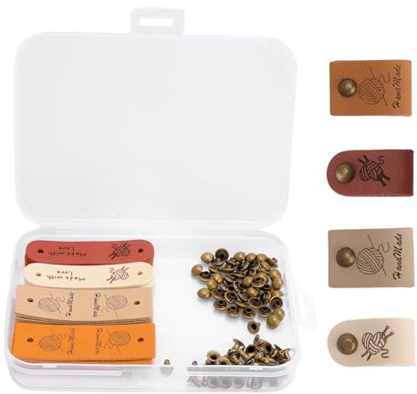 VOSSOT 20PCS Handmade Label mit Nieten 4 Stile Handgemachte Lederetiketten Handmade Label Personalisiert Weiches PU-Leder Etiketten Personalisierte Handgefertigte Lederetiketten “Made With Love”Labels