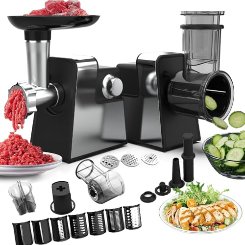 Rallador de queso eléctrico y picadora de carne, procesador de alimentos multifunción 2 en 1 con cortador de verduras, embutidor de salchichas y kit Kubbe, disparador de ensalada eléctrico de 7blades
