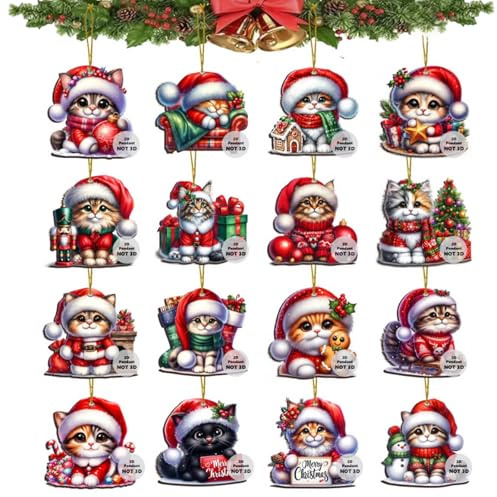 RTRTGS 16 Pezzi Decorazioni Natalizie in Legno, Addobbi Natalizi Legno con Corda, Ciondoli di Natale, Decorazioni per Albero di Natale (Motivo Gatto)