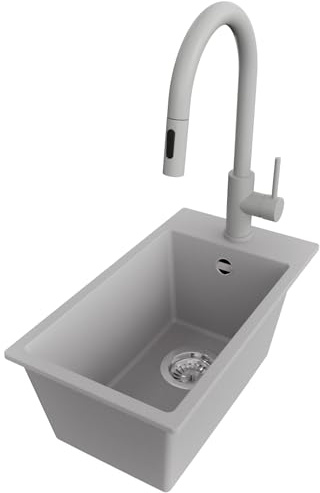 PRIMAGRAN Granitspüle ab 30er Unterschrank + Küchenarmatur, 28x50cm | Set: Küchenarmatur BW9010 + Ablauf-Set (Siphon, Ablaufgarnitur, Überlauf) + Spülbecken 1 Becken - Riga, Grau