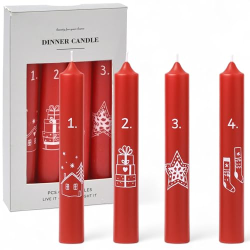 MIJOMA Adventskerzen Set 4er – Weihnachtskerzen mit Zahlen & Motiv – Stabkerzen für Adventssonntage – Ideal für Tischdeko & Kranz – 16 cm lang – Paraffin – Weihnachtsdeko (Rot)