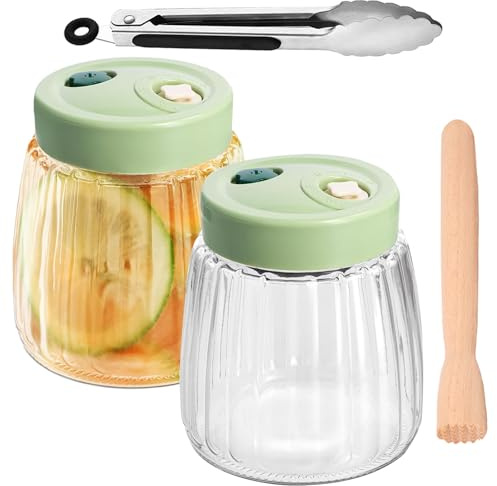 2 Stück 1,4L mit Fermentiergläser Doppelventil, Gewürzgurken Glas, Luftdichte Einmachgläser aus Glas, Fermentierglas, Fermentationsglas Set zur Herstellung von Kimchi und Sauerkraut, mit Zange und Gär