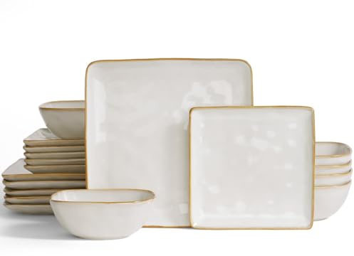 Richmount Ocean Square Plates and Bowls Set, 18-Piece Reactive Glaze Stoneware Dinner Set for 6 People, Dishwasher & Microwave Safe, Stylish & Durable Dinnerware Sets, Service for 6, Cappuccino White