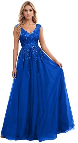 Damen Pailletten Tüll Ballkleider Lang Spaghettiträger Abendkleider Elegant A Linie V-Ausschnitt Brautjungfernkleid