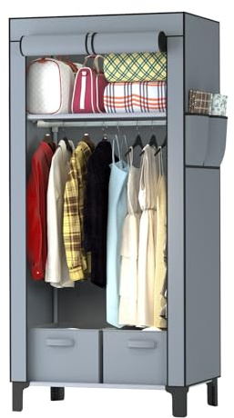 YasTant Canvas Wardrobe for Bedroom Fabric Wardrobe Closet with 2 Hanging Rails,2 Drawers, Portable Temporary Stable Base 161 * 59 * 45cm (2 Columns, 59cm/23.2inch Width, Grey)
