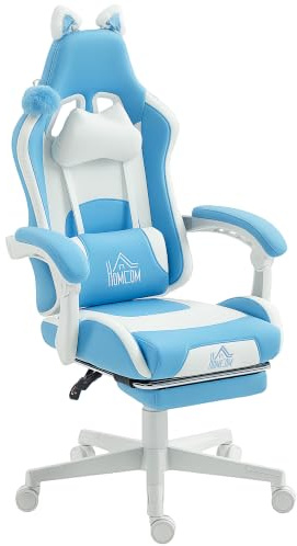 HOMCOM Gaming-Stuhl Ergonomischer Gamer-Stuhl mit Fußstütze Hellblau | Lendenwirbelstütze, Gaming-Sessel mit Katzenohren, Kopfkissen, Höhenverstellbar, Bürostuhl mit Liegefunktion, Kunstleder