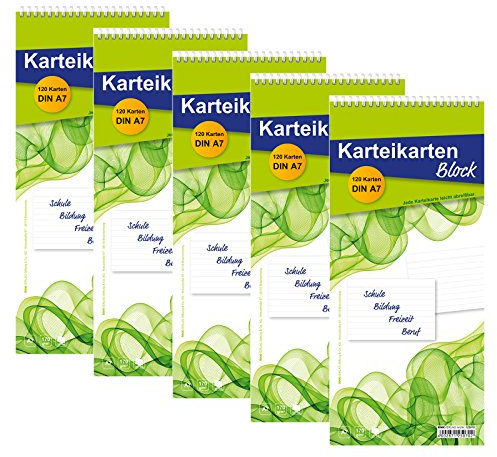RNKVERLAG 125070-3 - Karteikarten Block liniert, 5 Stück, mit je 120 DIN A7 Karteikarten, weiß