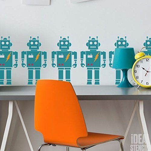 Ideal Stencils Retro Roboter Schablone | Jungen Roboter Kinderzimmer Heim Wand Dekoration & Handwerk Schablone | Wandfarbe Stoffe & Möbel | 190 Mylar Wiederverwendbare Schablone