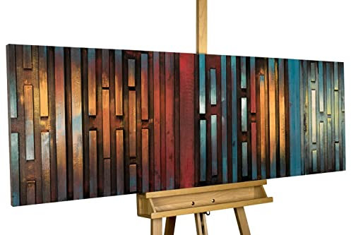 KunstLoft Wanddeko Holz rustikal | 100% HANDGEFERTIGT | 144x44x6cm | Holzbild 'Nachtschimmer' | Abstrakt Streifen | Blau Orange | Wandbild Holz