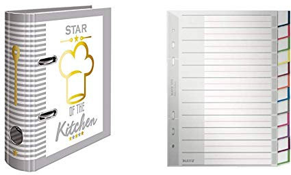 HERMA 15416 Rezeptordner DIN A5 Star of the Kitchen, 7 cm breit aus stabilem Karton mit Goldfolienprägung und 5-tlg. Register & Leitz 1275 Blanko Plastik Register (A5, 12-teilig, Unterteilt) grau