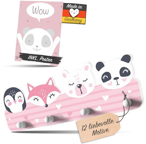 Kindsblick® Tierträume Kindergarderobe in Rosa inkl. niedlichem A4 Poster - Garderobe Kinder Edition mit 4 Haken - Wunderschöne Kinder Garderoben Deko - Kinder Garderobe Maße (38 x 15 x 1 cm)