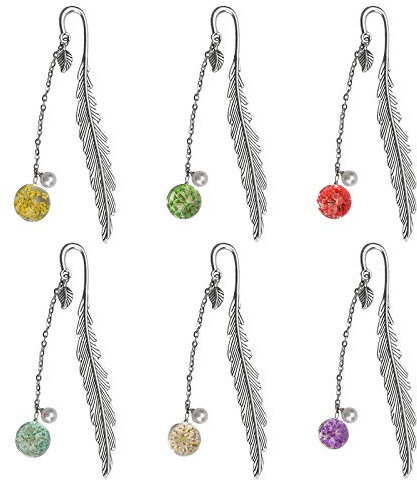 6 Stück Metall Feder Lesezeichen mit Blatt Ewige Trockenblume Perle Anhänger Handwerk Vintage Kreative Lesezeichen Clip Page Marker, für Jungen Mädchen Kinder Frauen Erwachsene Geschenk, Silber