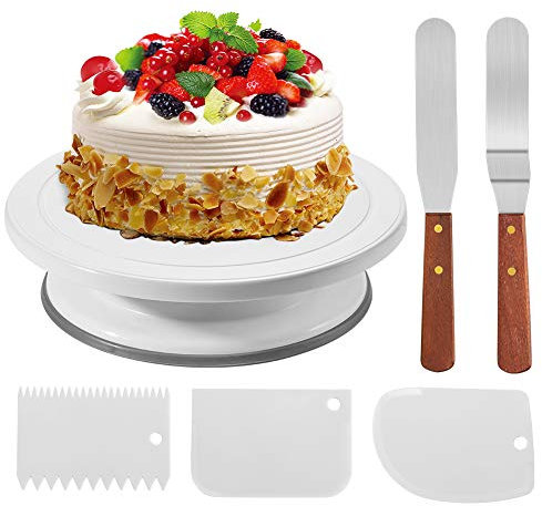 Ohok Tortenplatte Drehbar Set, 6-Teiliges Tortenständer Drehteller Torten Dekoration Set mit 2 Stück Winkelpalette Set, 3 Stück Icing Smoother, Modellierwerkzeug für Torten Deko Backzubehör