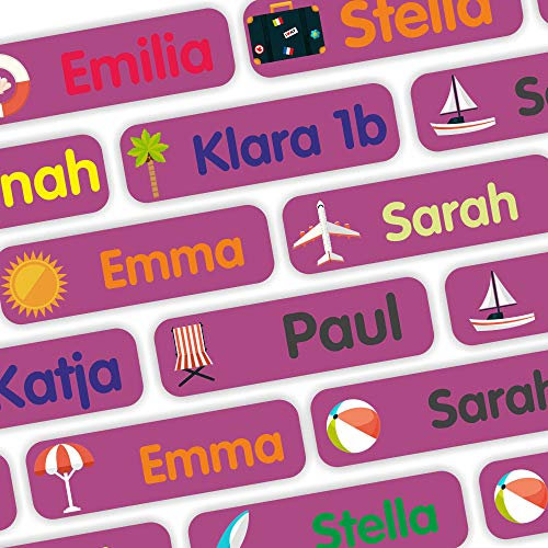 INDIGOS UG® Etiquetas engomadas del nombre Spezial - 35-105 piezas - 35x10mm - Vacaciones - Ropa - violeta - Etiquetas para ropa - niños, escuela y jardín de infantes - bolígrafos, estuches de lápices
