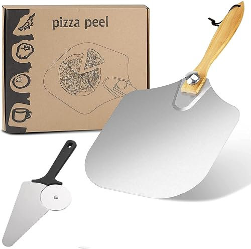 Pelle à Pizza Kit de Cuisson Poignée Amovible Manche en Bois Pelle à Pizza Avec Diviseur de Pizza en Acier Inoxydable Coupe-roue à Pizza pour Pain, Tartes, Gâteaux,Pizza（30.5cmX59cm)