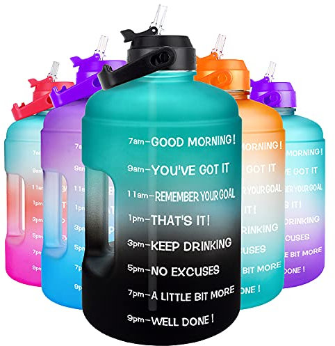 QuiFit 1 Gallon Water Bottle - with Straw & Motivational Time Marker Leak-Proof BPA Free Reusable Gym Sports Outdoor Large(128OZ) Capacity Water Jug(Green/Black Gradient,1 Gallon)
