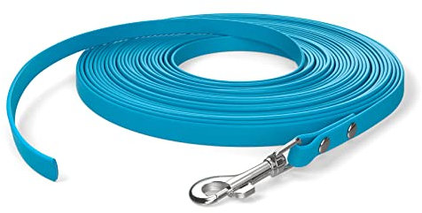 15m Schleppleine, Hundeleine, 1 Karabiner, Cyan-blau, extra schmal, schmutz- und wasserabweisend