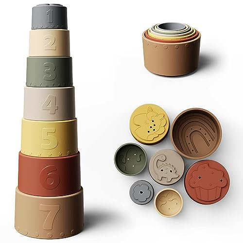 Moonkie Baby Stapelbecher Spielzeug, Stapelturm mit 7 Bechern Für Babys & Kinder, Lustiges Pädagogisches Stapelbecher-Silikon-weiches und zahnendes Spielzeug…
