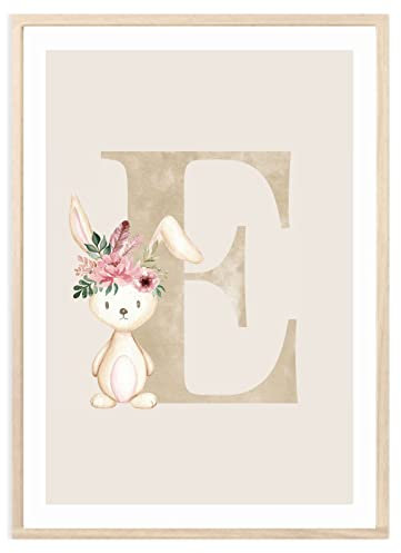 MeinBaby123® Buchstaben Poster DIN A4 Kinderzimmer Mädchen und Junge | Babyzimmer Deko | Bilder Kinderzimmer | Geschenkideen zur Geburt | Geburtsposter | Anfangsbuchstabe Poster E (Hase - E)