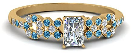 CustomizedGifts Wunderschöner Diamantring im XO Design gelb vergoldet Natur Blau Topas Strahlende Form Seitenstein Verlobungsringe Zinkeneinstellung Größe 53 Geschenk