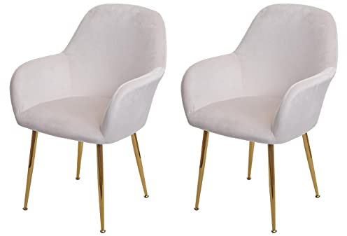 Mendler 2er-Set Esszimmerstuhl HWC-F18, Stuhl Küchenstuhl, Retro Design - Samt Creme-weiß, goldene Beine