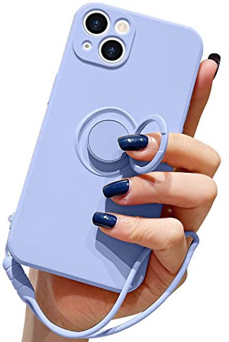Pepmune Compatible with iPhone 13 Case Liquid Silicone with Ring Holder Kickstand Magnetic Car Mount Detachable Wrist Strap Shockproof Soft Protective Cover-Purple