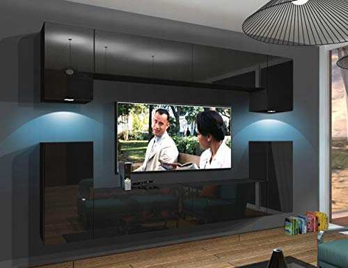 Furnitech Wohnwand Wohnzimmer | Wohnzimmer Möbel mit LED Blau | Hängend Wohnwand Modern | Wohnzimmer Schrankwand mit Regale und TV Schrank (Rodos AN43/17B/HG20 1B)