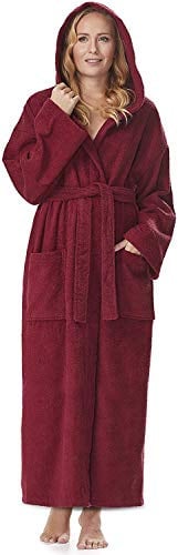 Arus Damen-Bademantel mit Kapuze, knöchellang, Baumwolle, XL-XXL Lang, Bordeaux