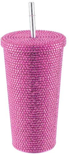 BestAlice Becher mit Nieten, glitzerndes Diamantglas, 500 ml, glitzernder Becher mit Deckel und Strohhalm, Edelstahl-Glitzer-Wasserflasche mit Strohhalmbürsten, wiederverwendbar, groß, handgefertigt