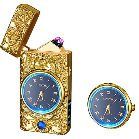RSBYE Encendedor Eléctrico Dragon con Reloj, Encendedores de Plasma de Doble Arco, Elegante Encendedores Personalizado, Encendedor USB Recargable, Lighter para Hombre y Mujer (Dorado)