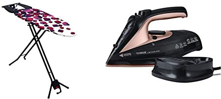Mabel Home Space Saving Ironing Board, Easy Storage & Tower T22008RG CeraGlide Cordless Steam Iron with Ceramic Soleplate and Variable Steam Function, Black and Rose Gold