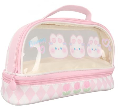 Trousse À Crayons Mignonne En Forme De Lapin, Trousse À Crayons Kawaii Pour Enfants, Motif De Lapin, Double Couche, Étanche, Transparente, Trousse À Crayons Kawaii, Sac À Cosmétiques Rose Portable
