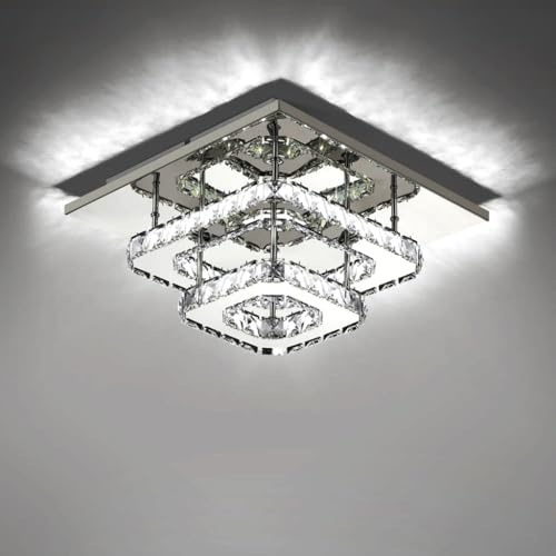 LIGKIN LED-Deckenleuchte 36W Moderne LED Kristall Deckenlampe Quadratisch Edelstahl Kronleuchter für Wohnzimmer Esszimmer Schlafzimmer Badezimmer, Ø30 cm