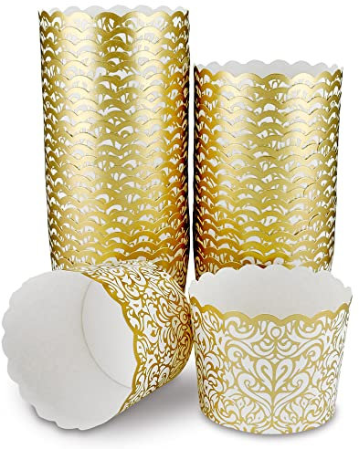 Frau WunderVoll® 25 Muffin Backformen, weiß Gold Ornament/Barock, Durchmesser 6,1 cm/Muffinbackform, Muffinform, Backformen, Backförmchen, Cupcake Formen, Muffin Förmchen Papier