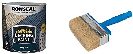 RONSEAL ULTIMATE DECKING PAINT DEEP BLUE 2.5L & Silverline 394974 Block Brush, Blue, Silver, Beige, 115 mm / 4-1/2