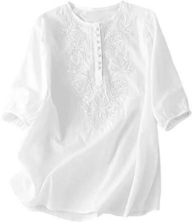 AMhomely Summer Womens Cotton Linen Loose Blouse Tops Ladies T-Shirts Embroidery Shirts Short Sleeve Elegant Blouse Solid V Neck Tunic Tops Short Tee Shirts Going Out Dressy Tops Plus Size White M