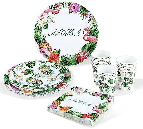 fanquare Juego de Vajilla para Fiesta de Verano Hawaiano Fiesta Platos de Papel Vasos Servilletas Tropical Luau Suministros de Fiesta de Cumpleaños Decoraciones para 16 Invitados