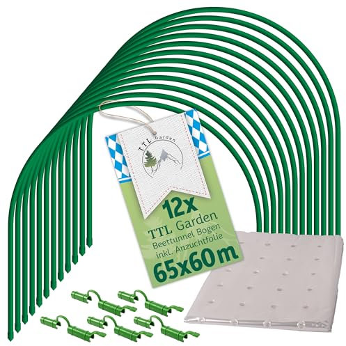 TTL Garden 12x 65x60cm Tunnelbögen mit PE Folie + Clips - 12 x Folientunnel Bögen 65 cm breit Stahl beschichtet Rund Bogen für Abdeckung Frühbeet Hochbeet + PE Lochfolie 10 x 2 m + 36x Clips