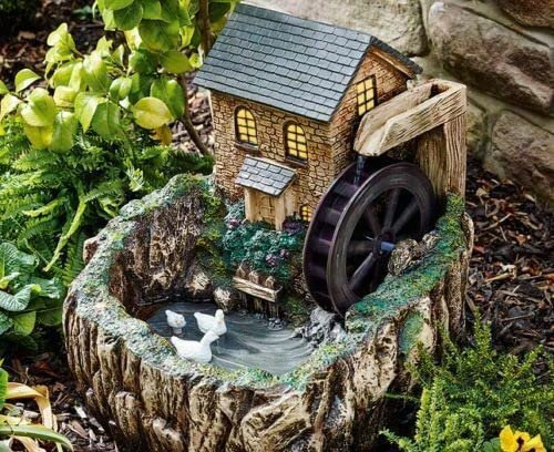 LQSSA Outdoor Garden Water Fountain, Solar Powered Water Mill with Night Light, Gray Stone Resin Floor Standing Waterfall Fountain for Home Yard Decoration