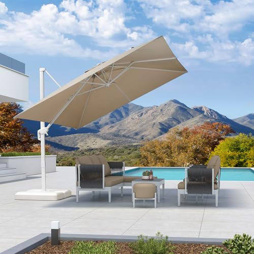 PURPLE LEAF Parasol Déporté 3 × 3 m Carré avec Base Croisée, Parasol de Jardin Extérieur en Aluminium Blanc avec Manivelle, Inclinable et Rotation à 360°, Protection UV, Beige
