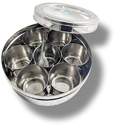 STL Masala Dabba (Spice Box) | Authentic Indian Style Stainless Steel Masala Dabba | with 7 Removable Compartments & 2 Spoons | See through Lid | (18.5cm)