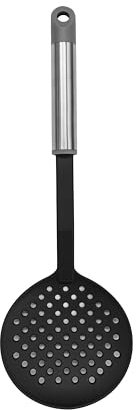 Fackelmann Mode, schiumarola, colino per alimenti, in plastica PBT antiaderente, manico in acciaio inox con anello per appenderlo, 34 x 11,5 x 3 cm, nero, grigio e argento