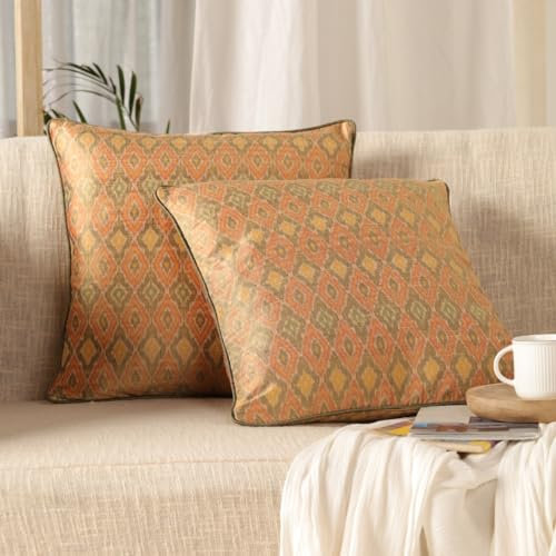 Peepul Tree Ikat Handwoven Silk Cushion Cover | Peach and Beige | 18 x 18 inches | Luxury Home Decor | Handmade Throw Cushion Cover