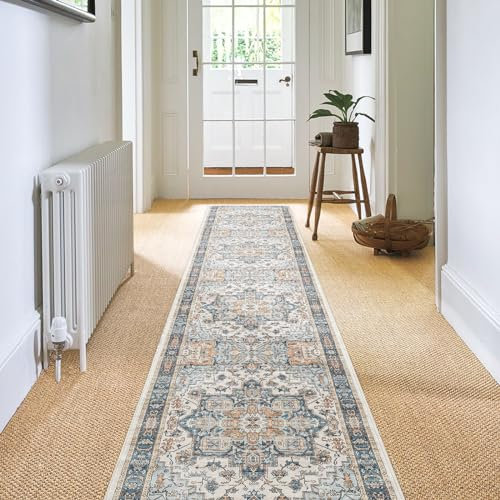 Carvapet Läufer Teppich 60x300cm rutschfest Lang Teppichläufer Waschbar Mikrofaser Vintage Medaillon Blau Teppich Flächenteppich Laufteppich